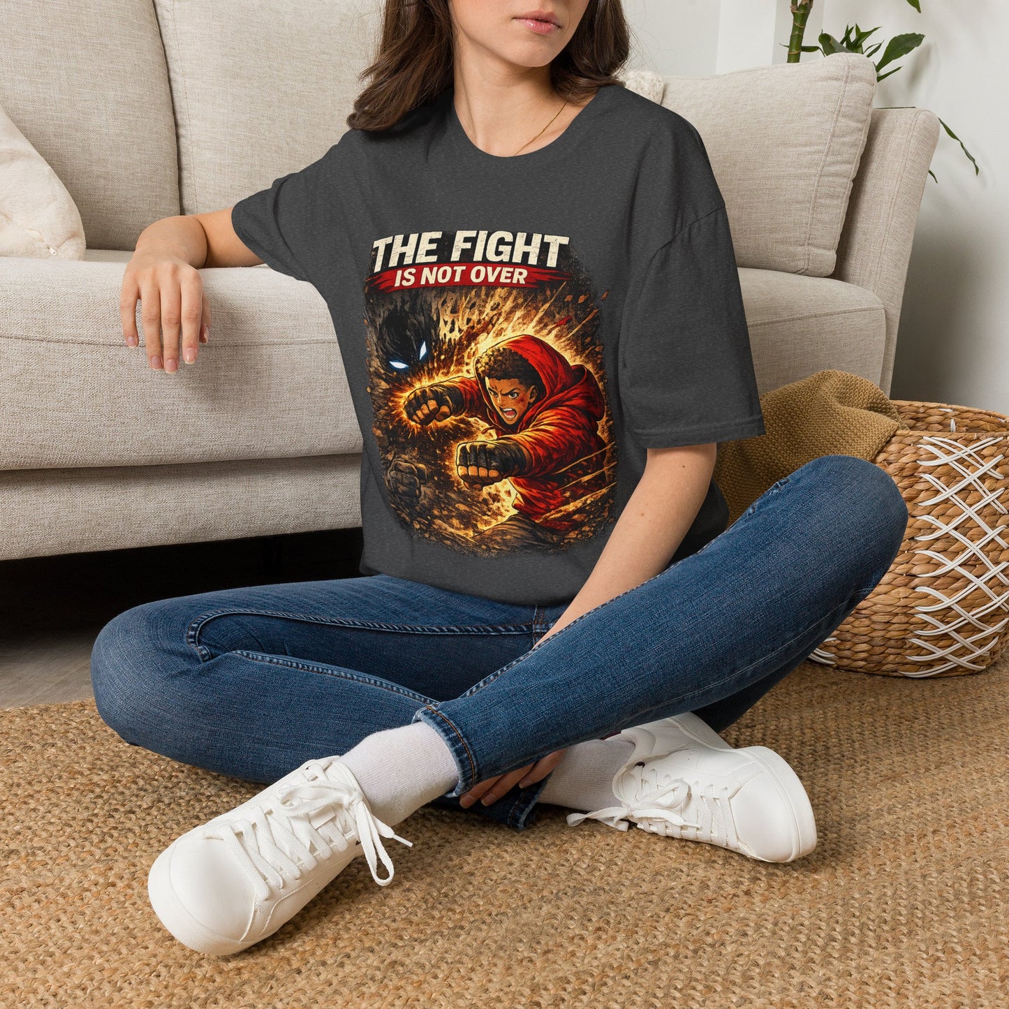 T-Shirt — "The Fight Is Not Over" Graphic Tee (Bold Motivational Martial Arts Design)
