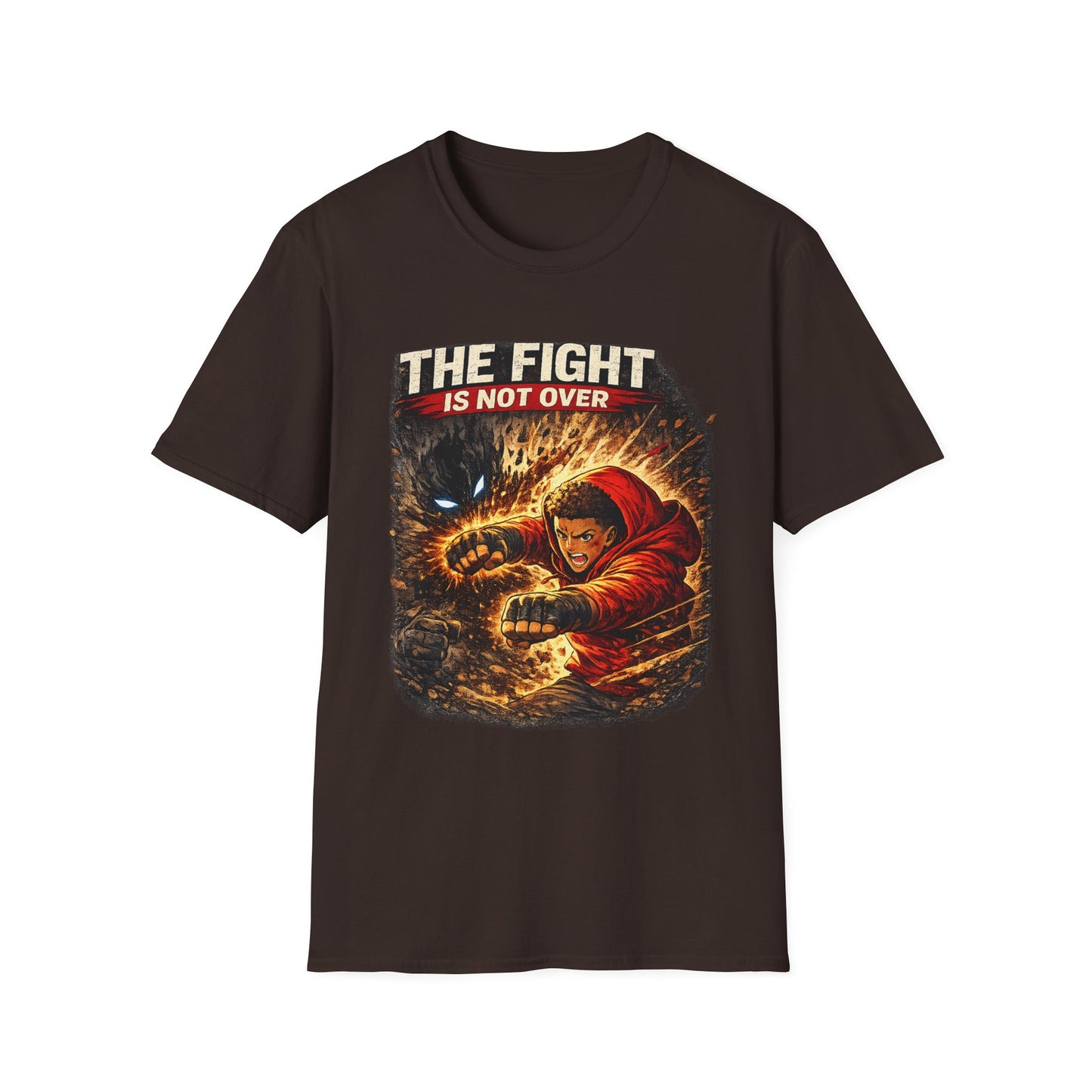 T-Shirt — "The Fight Is Not Over" Graphic Tee (Bold Motivational Martial Arts Design)