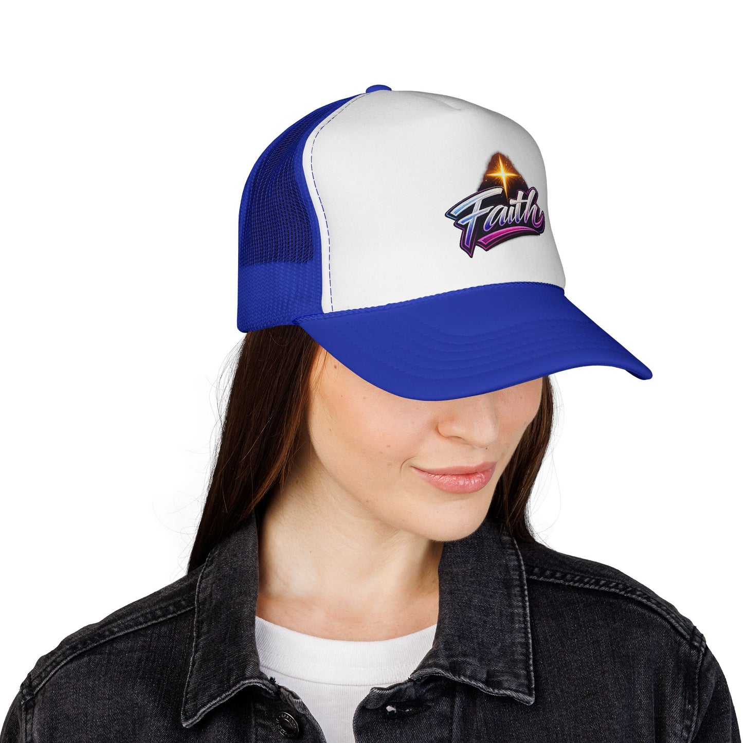 Faith Trucker Hat — Retro Cross Logo Mesh Cap
