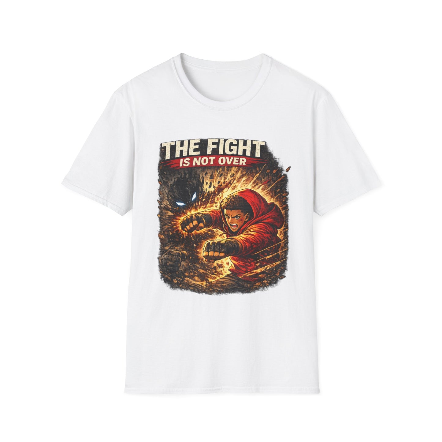 T-Shirt — "The Fight Is Not Over" Graphic Tee (Bold Motivational Martial Arts Design)
