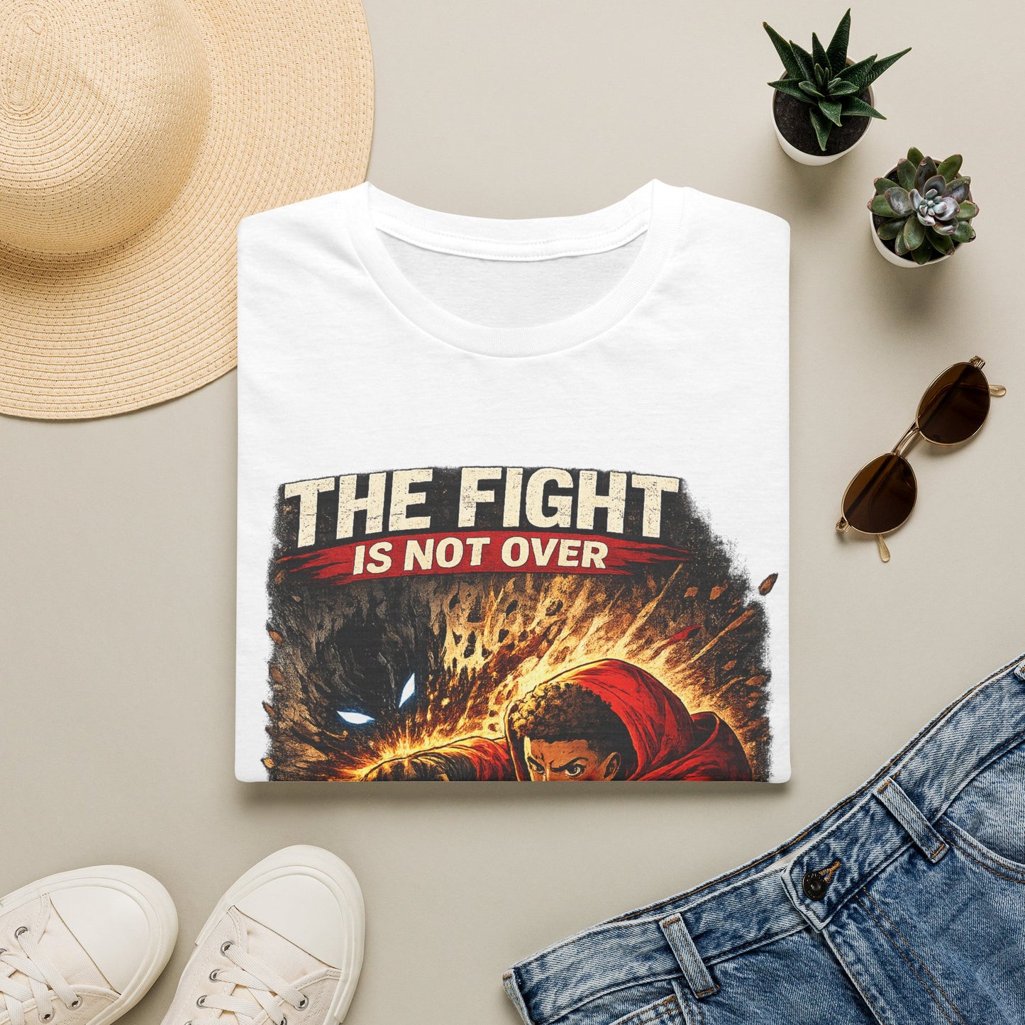 T-Shirt — "The Fight Is Not Over" Graphic Tee (Bold Motivational Martial Arts Design)