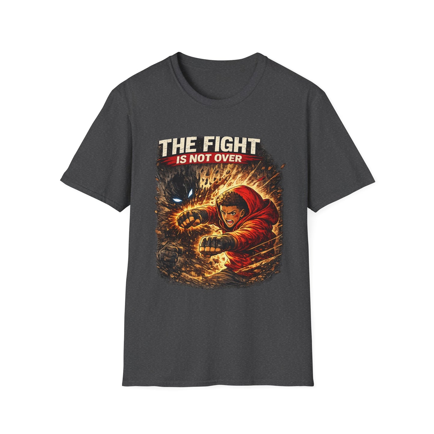 T-Shirt — "The Fight Is Not Over" Graphic Tee (Bold Motivational Martial Arts Design)