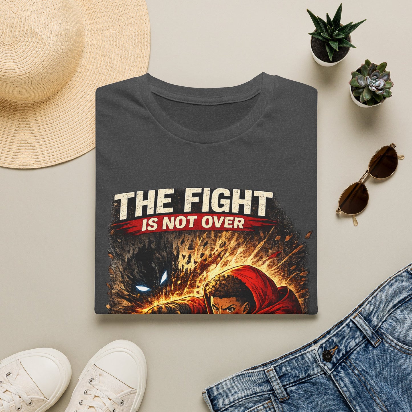 T-Shirt — "The Fight Is Not Over" Graphic Tee (Bold Motivational Martial Arts Design)