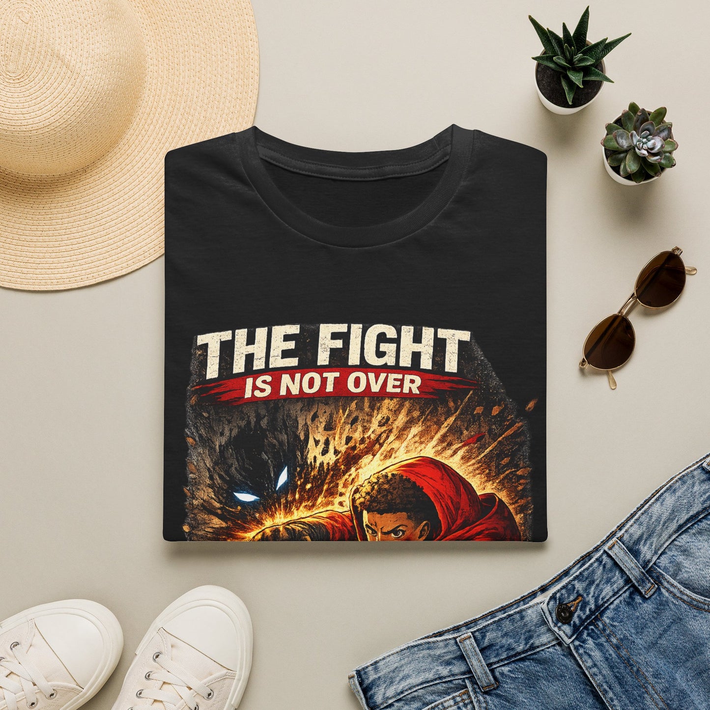 T-Shirt — "The Fight Is Not Over" Graphic Tee (Bold Motivational Martial Arts Design)